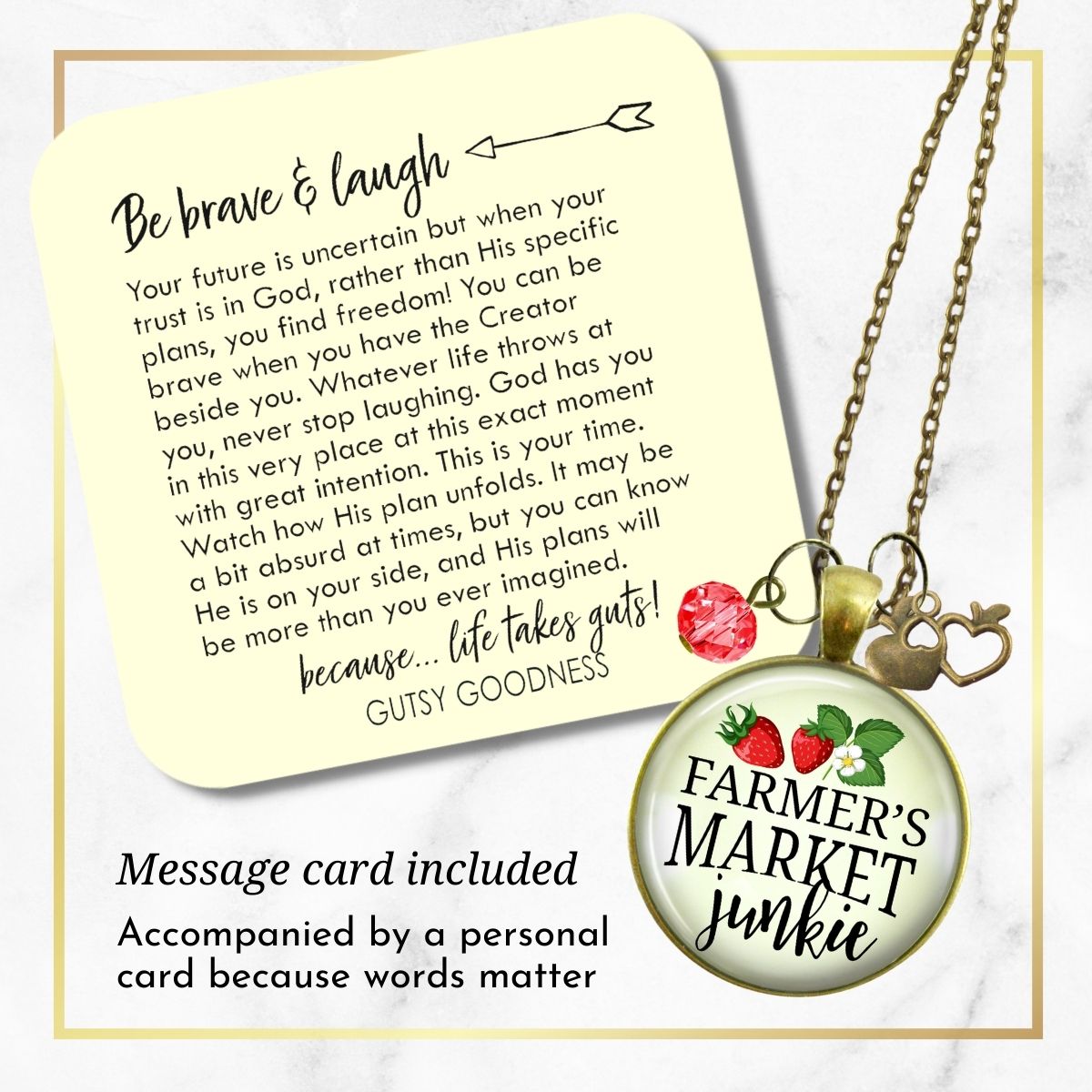 Handmade Gutsy Goodness Jewelry Farmers Market Junkie Necklace Handmade Boho Style Fashion Jewelry Apple Charm & Message Card