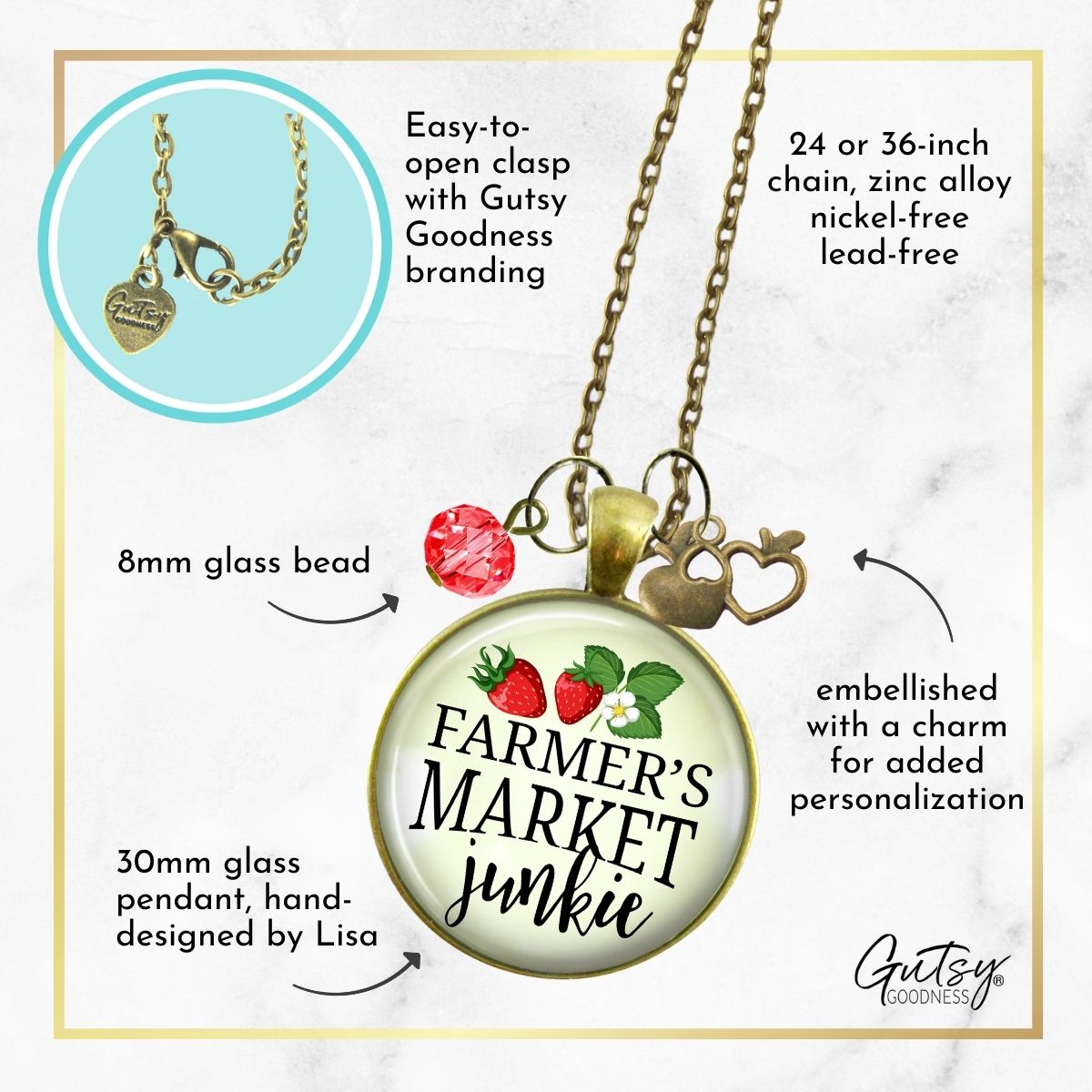 Handmade Gutsy Goodness Jewelry Farmers Market Junkie Necklace Womens Handmade Boho Style Fashion Jewelry Apple Charm & Message Card