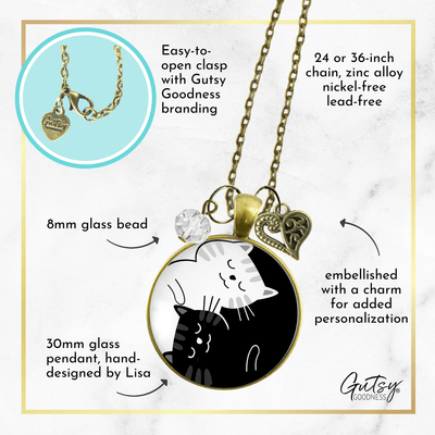 Yin Yang Cat Necklace Harmony Zen Black and White Symbol 2 Cats Boho Style Kitty Lover Pendant Jewelry - Gutsy Goodness