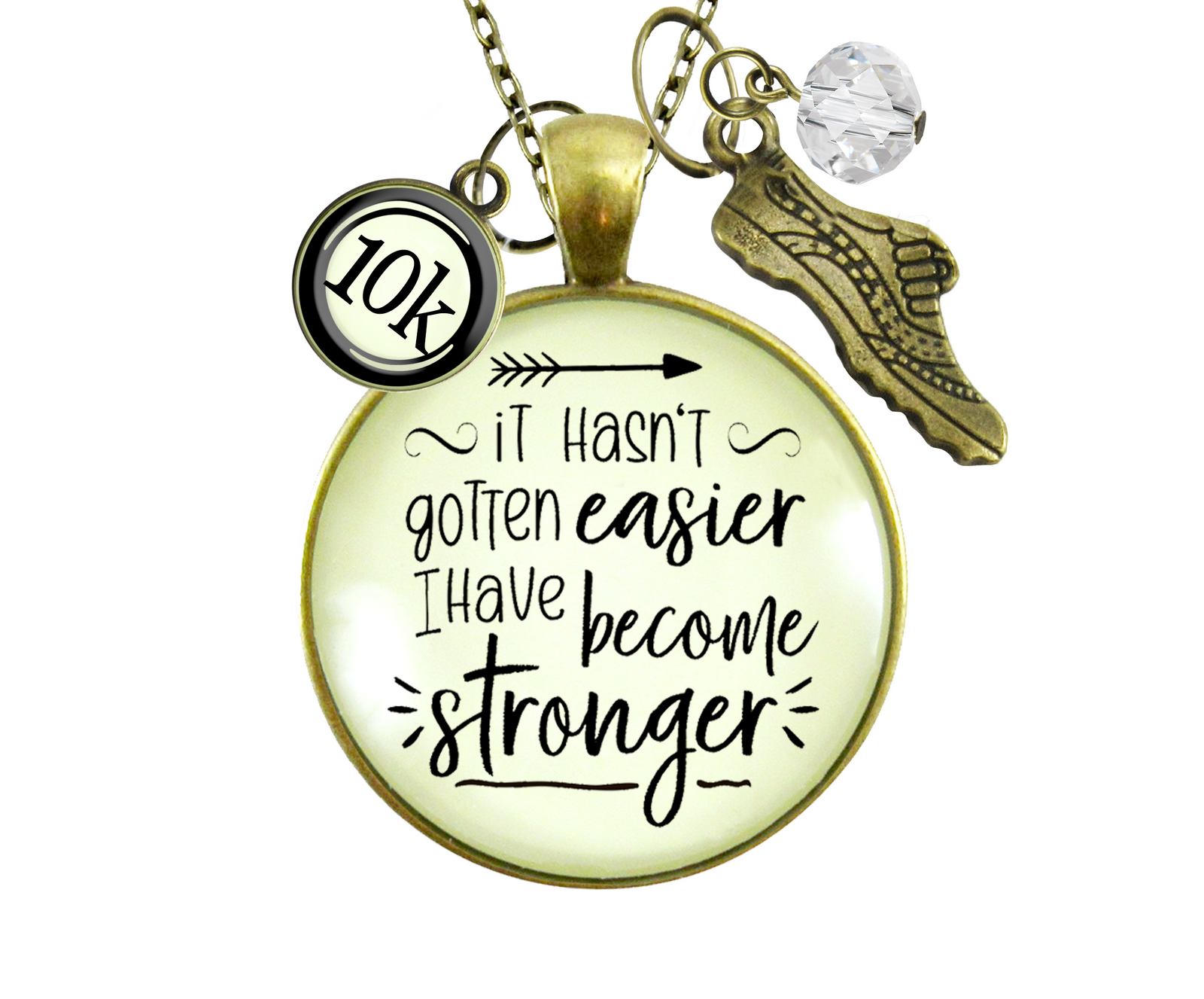 Gutsy Goodness 10K Marathon Runner Necklace Hasn't Gotten Easier Stronger Athlete Mantra Jewelry - Gutsy Goodness Handmade Jewelry