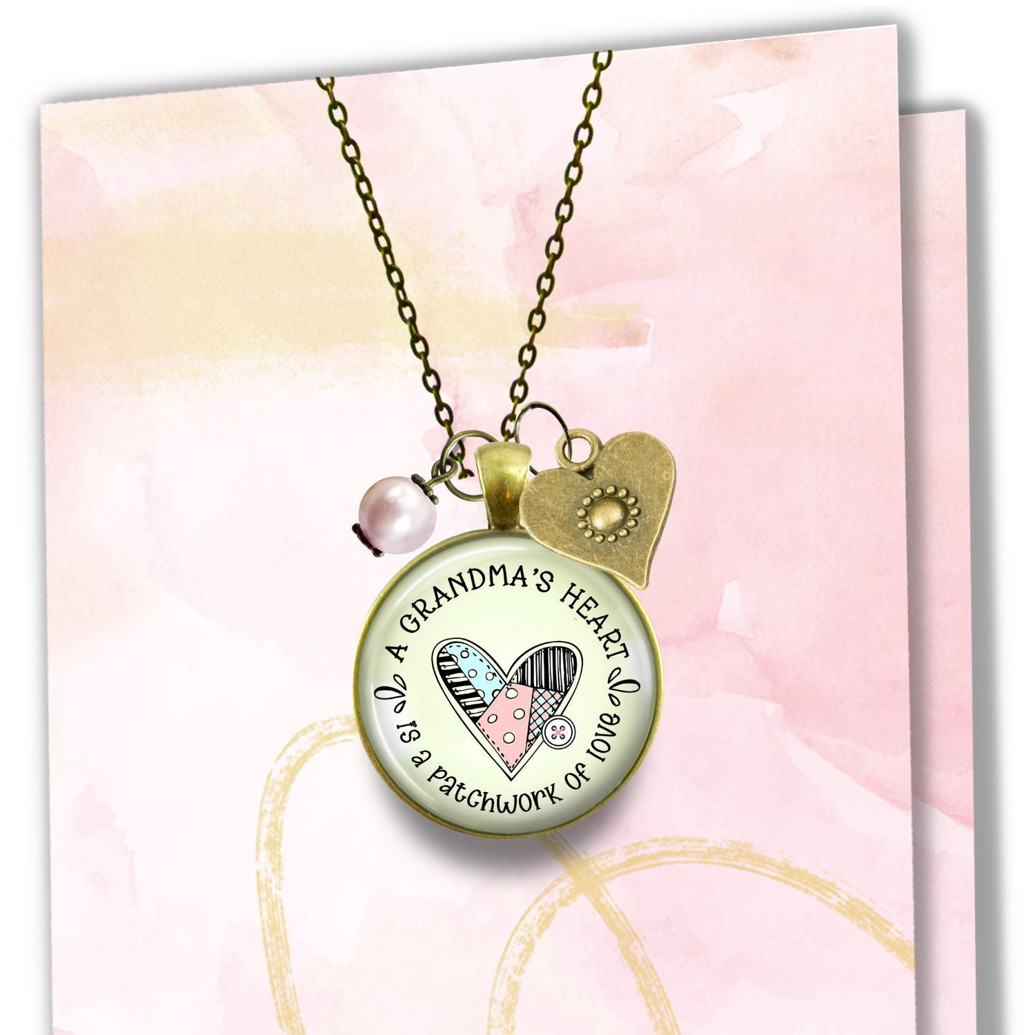 Handmade Gutsy Goodness Jewelry Grandmother Necklace Gift Grandma's Heart Is A Patchwork of Love Handmade Jewelry, Meaningful Card