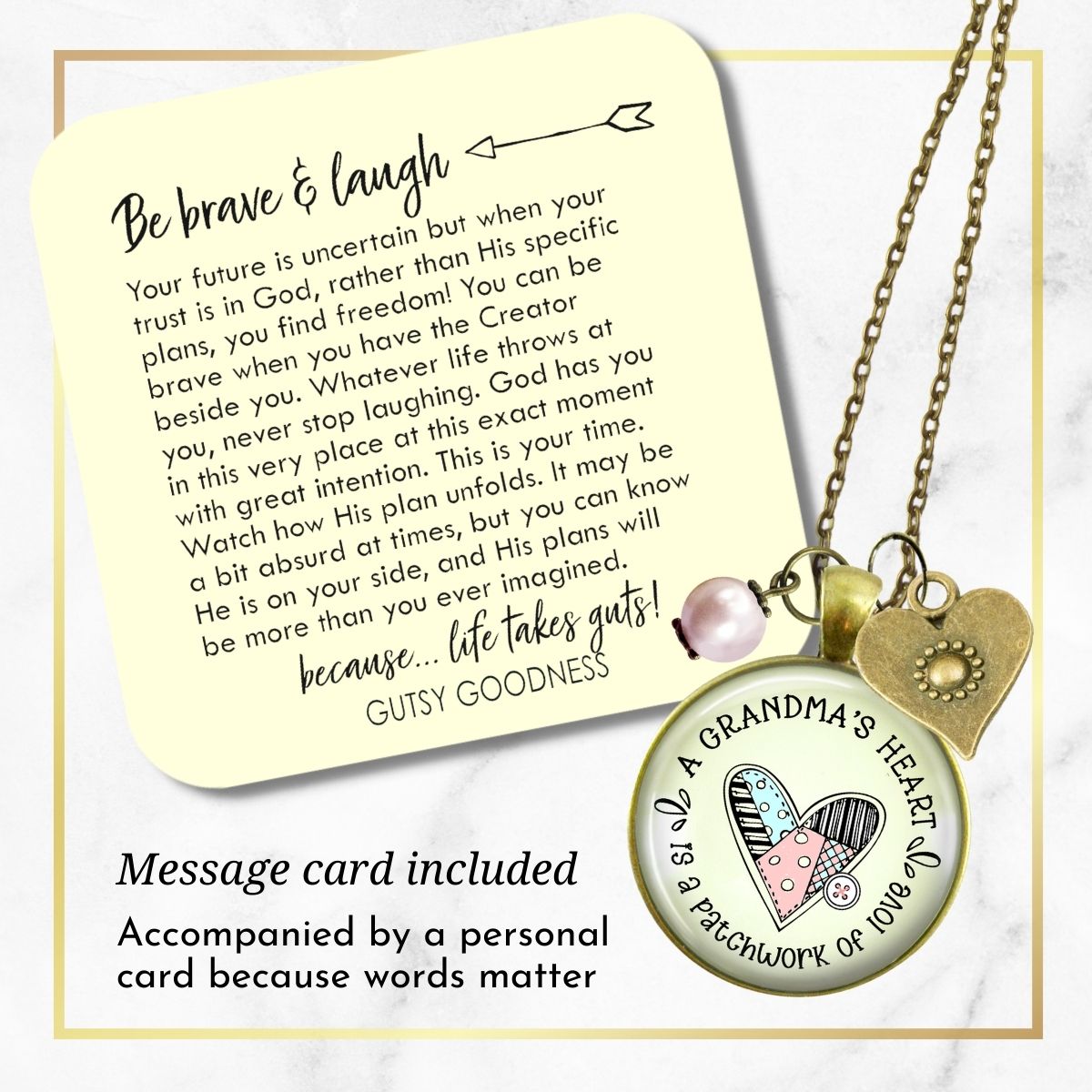 Handmade Gutsy Goodness Jewelry Grandmother Necklace Gift Grandma's Heart Is A Patchwork of Love Handmade Jewelry, Sentimental Card