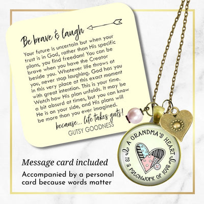 Handmade Gutsy Goodness Jewelry Grandmother Necklace Gift Grandma's Heart Is A Patchwork of Love Handmade Jewelry, Sentimental Card