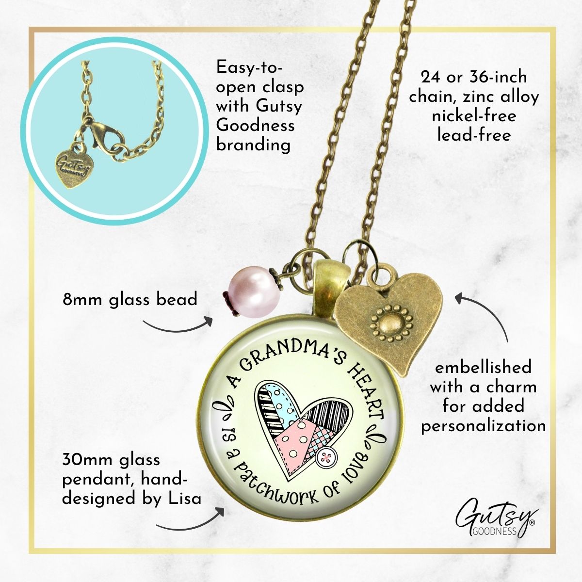 Handmade Gutsy Goodness Jewelry Grandmother Necklace Gift Grandma's Heart Is A Patchwork of Love Handmade Jewelry, Sentimental Card