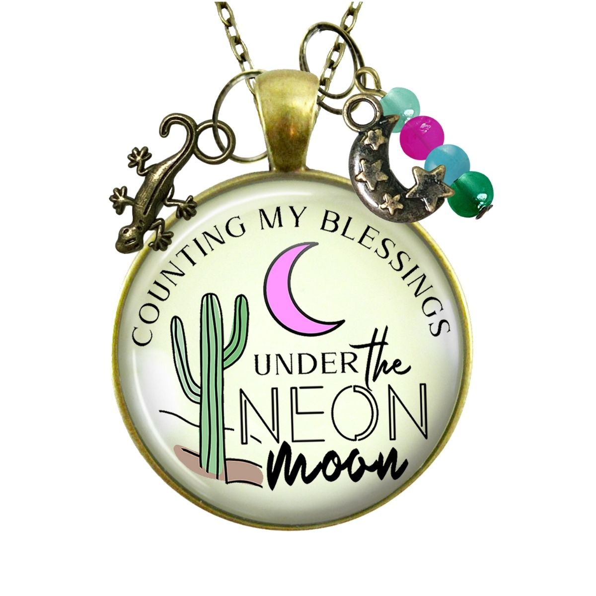 Handmade Gutsy Goodness Jewelry Counting My Blessings Under The Neon Moon Necklace Southwest Boho Style Charm Jewelry & Message Card