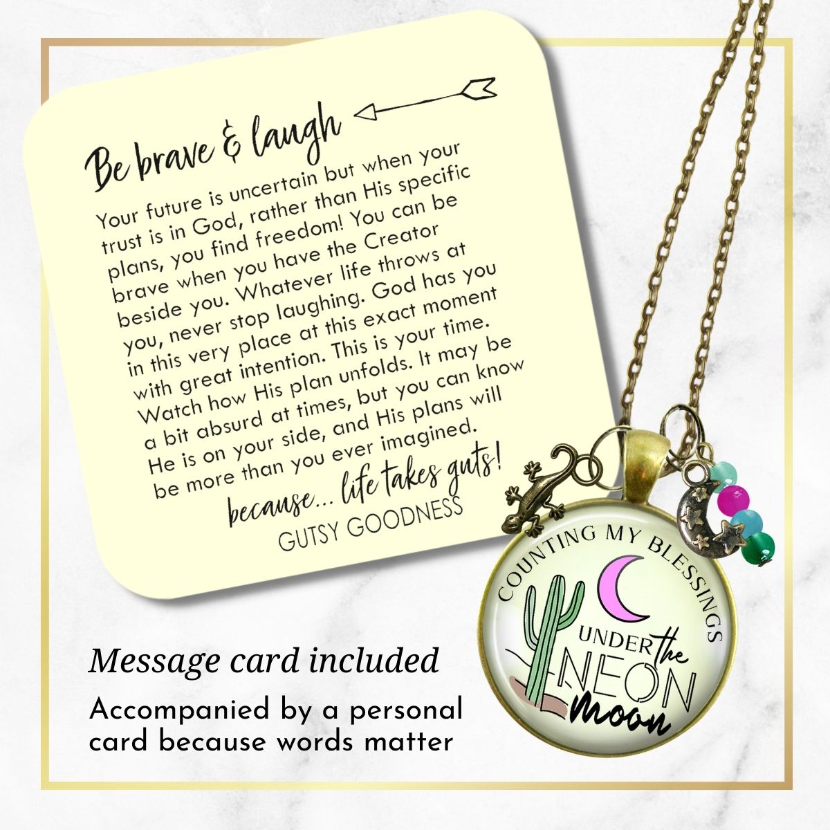 Handmade Gutsy Goodness Jewelry Counting My Blessings Under The Neon Moon Necklace Southwest Boho Style Charm Jewelry & Message Card