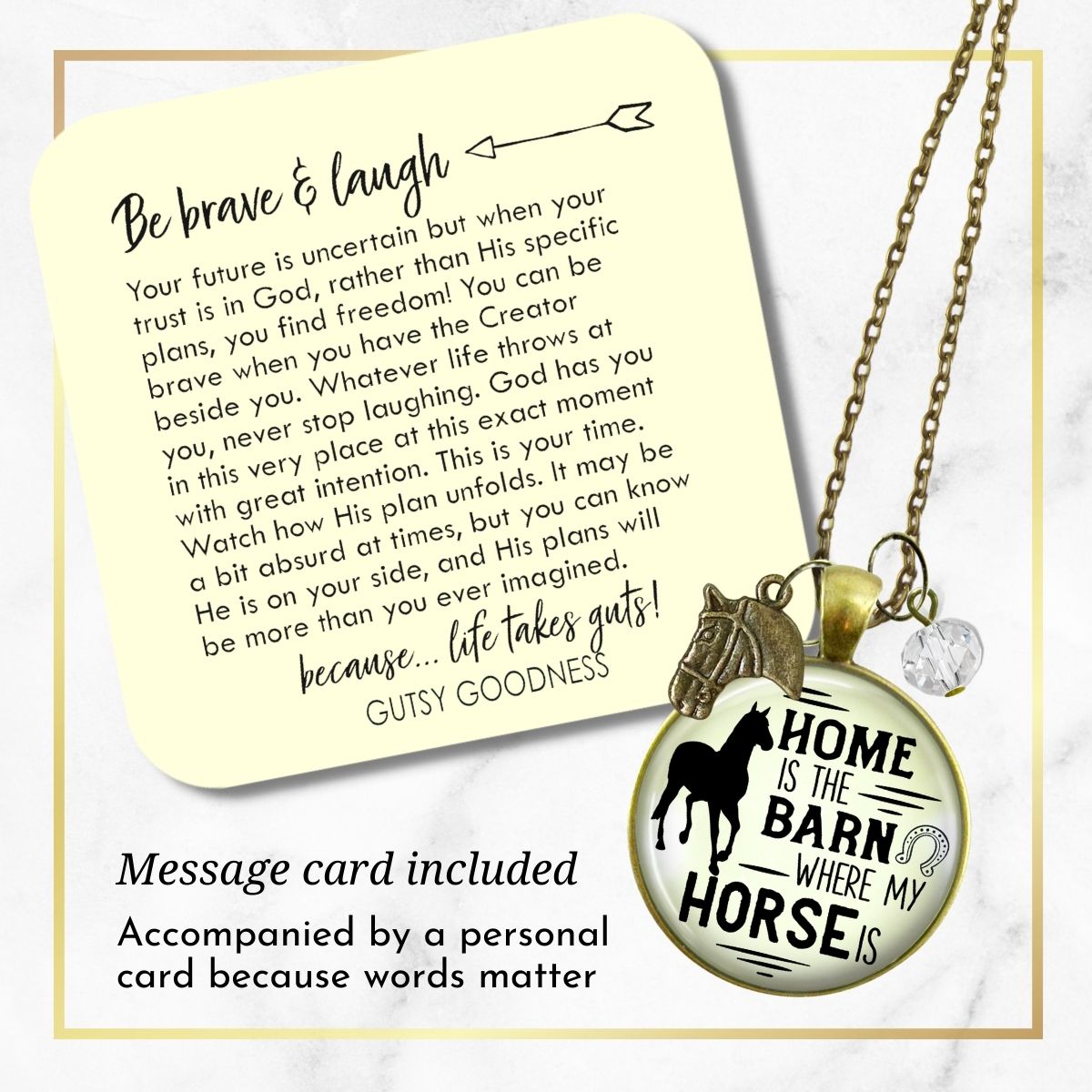 Handmade Gutsy Goodness Jewelry Home Is The Barn Where My Horse Is Necklace Western Boho Country Girl Charm Jewelry & Message Card