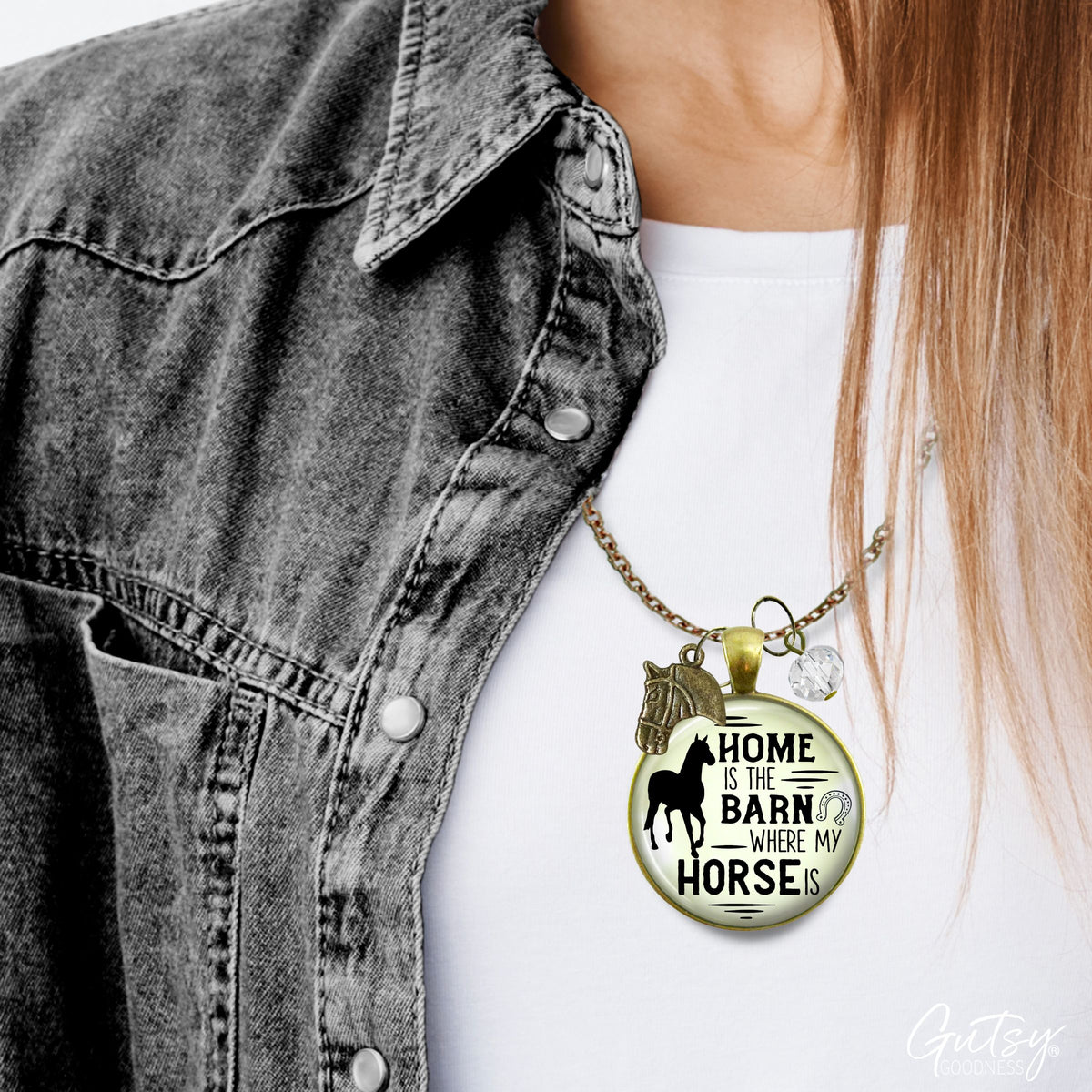 Handmade Gutsy Goodness Jewelry Home Is The Barn Where My Horse Is Necklace Western Boho Country Girl Charm Jewelry & Message Card