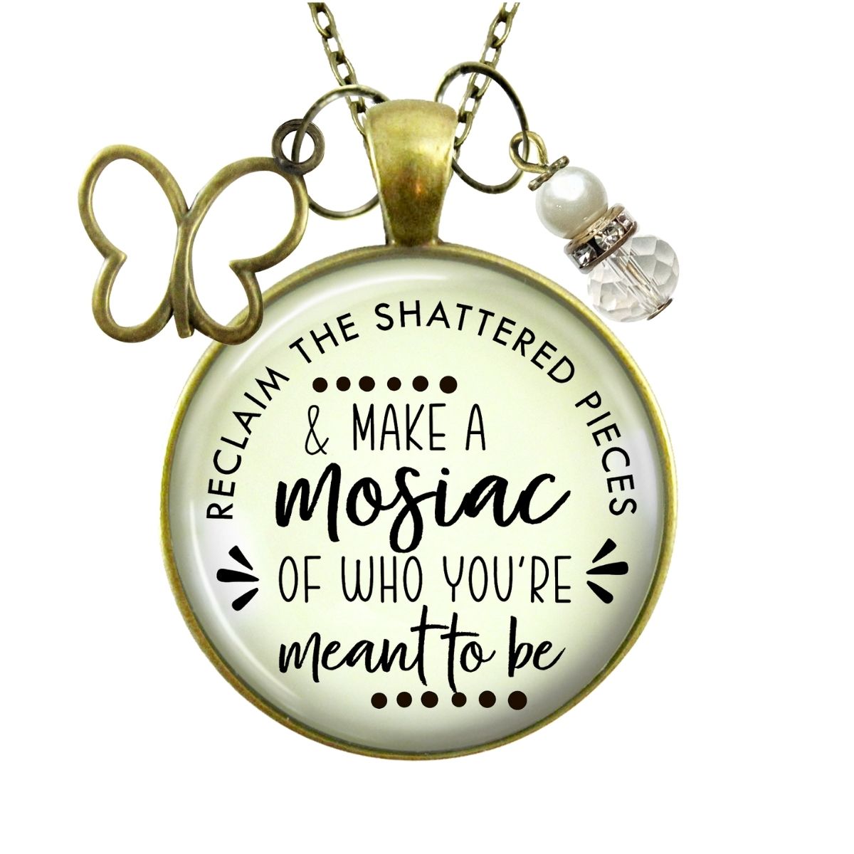 Handmade Gutsy Goodness Jewelry Reclaim Shattered Pieces Make Mosaic Necklace Inspirational Jewelry Butterfly Charm & Message Card
