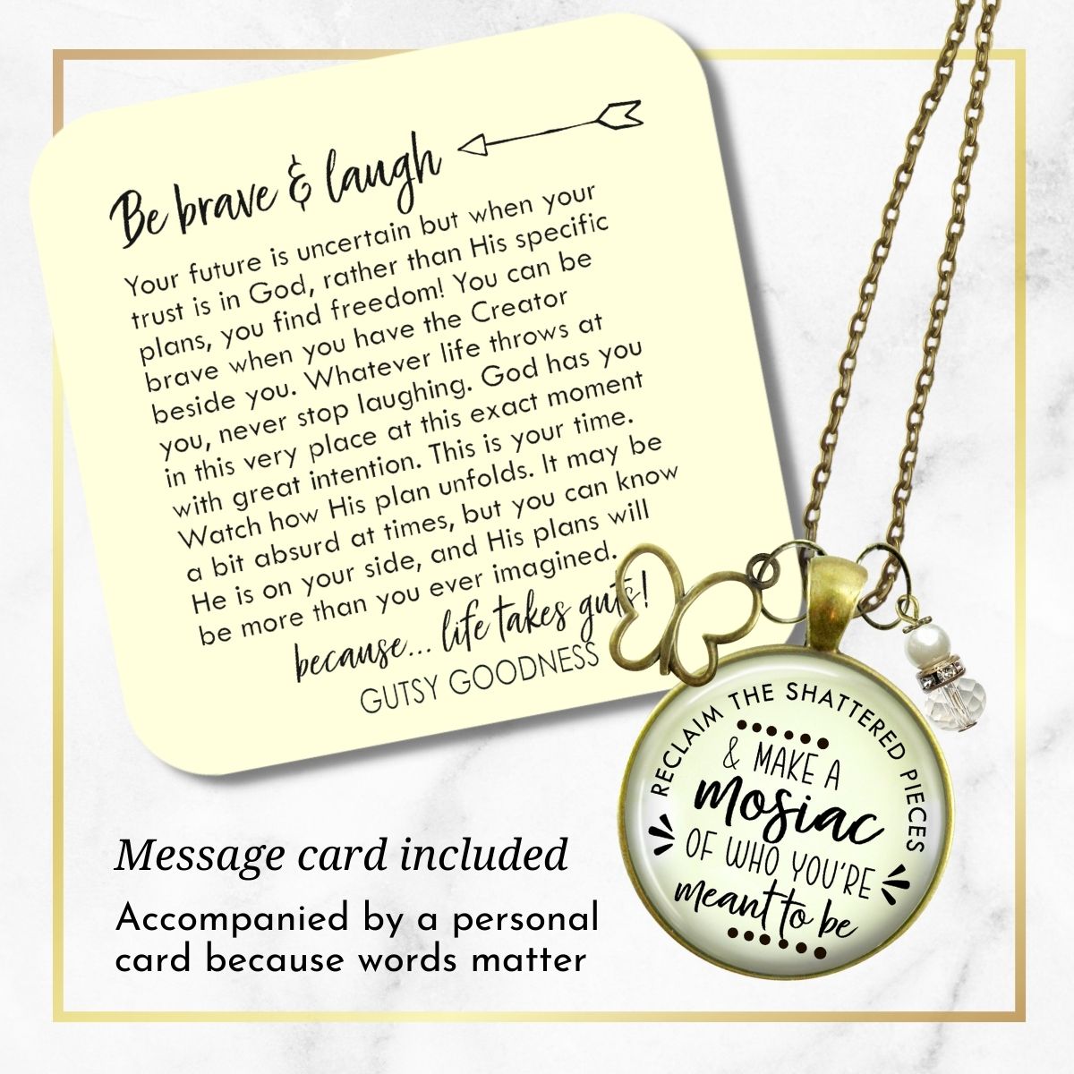 Handmade Gutsy Goodness Jewelry Reclaim Shattered Pieces Make Mosaic Necklace Inspirational Jewelry Butterfly Charm & Message Card