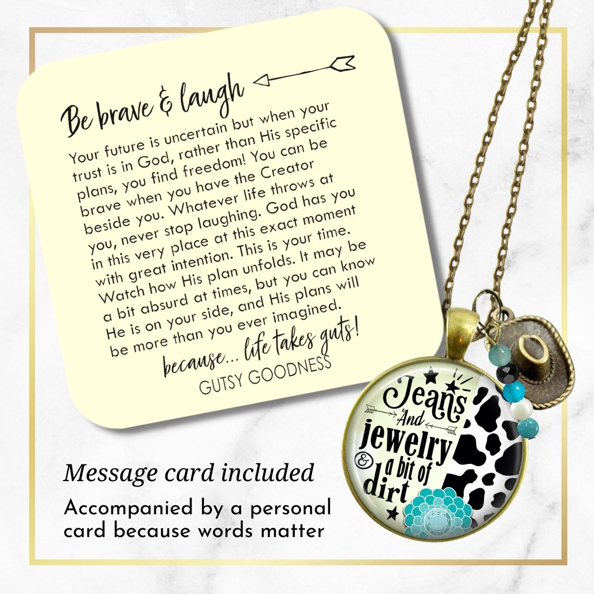 Handmade Gutsy Goodness Jewelry Jeans And Jewelry And A Bit Of Dirt Necklace Western Cowboy Hat Country Girl Pendant & Message Card