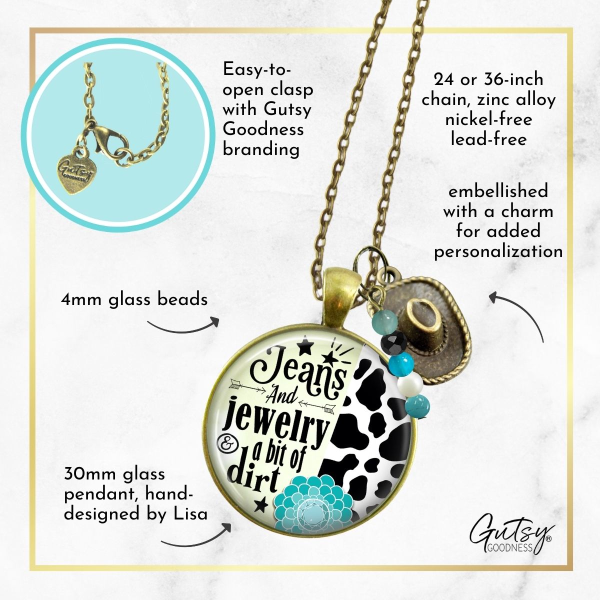 Handmade Gutsy Goodness Jewelry Jeans And Jewelry And A Bit Of Dirt Necklace Western Cowboy Hat Country Girl Pendant & Message Card