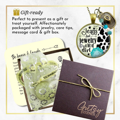 Handmade Gutsy Goodness Jewelry Jeans And Jewelry And A Bit Of Dirt Necklace Western Cowboy Hat Country Girl Pendant & Message Card