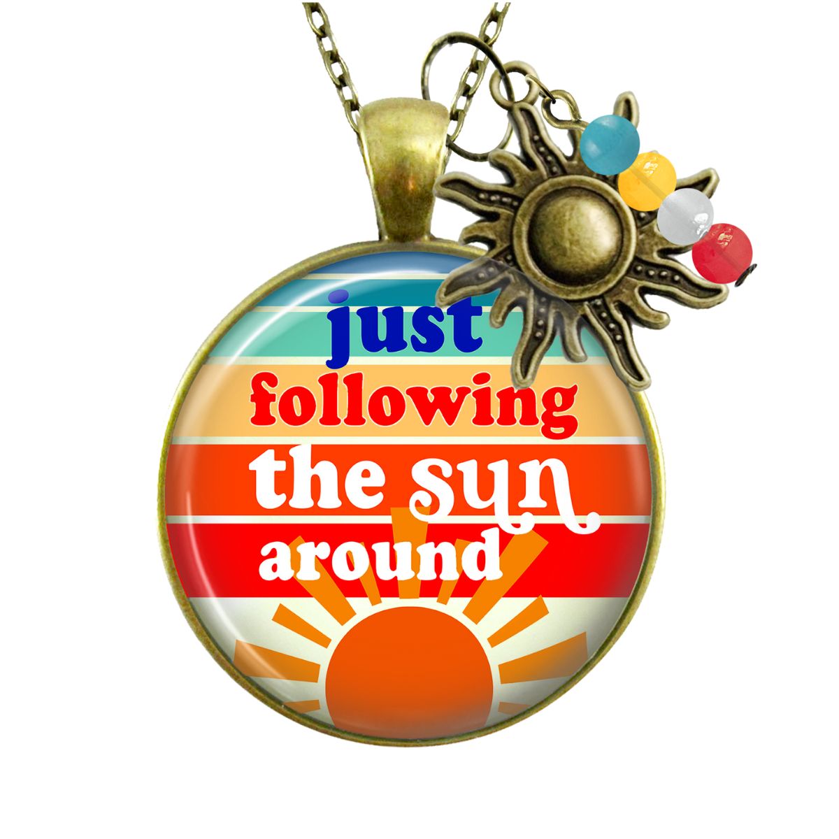 Handmade Gutsy Goodness Jewelry Just Following The Sun Around Necklace Boho Hippie Retro 60s 70s Sunrise Art Pendant & Message Card