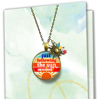 Handmade Gutsy Goodness Jewelry Just Following The Sun Around Necklace Boho Hippie Retro 60s 70s Sunrise Art Pendant, Message Card