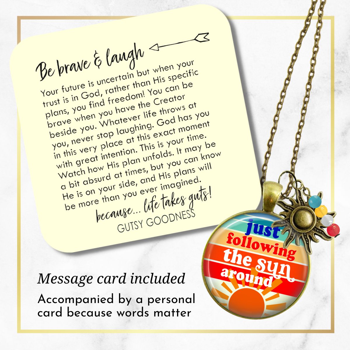 Handmade Gutsy Goodness Jewelry Just Following The Sun Around Necklace Boho Hippie Retro 60s 70s Sunrise Art Pendant & Message Card
