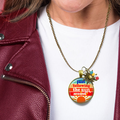 Handmade Gutsy Goodness Jewelry Just Following The Sun Around Necklace Boho Hippie Retro 60s 70s Sunrise Art Pendant, Message Card