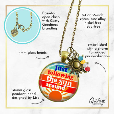 Handmade Gutsy Goodness Jewelry Just Following The Sun Around Necklace Boho Hippie Retro 60s 70s Sunrise Art Pendant & Message Card
