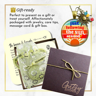 Handmade Gutsy Goodness Jewelry Just Following The Sun Around Necklace Boho Hippie Retro 60s 70s Sunrise Art Pendant & Message Card