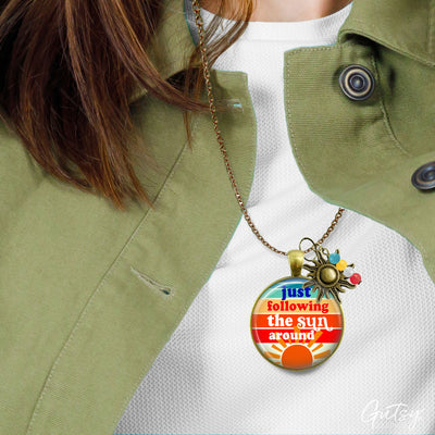Handmade Gutsy Goodness Jewelry Just Following The Sun Around Necklace Boho Hippie Retro 60s 70s Sunrise Art Pendant & Message Card