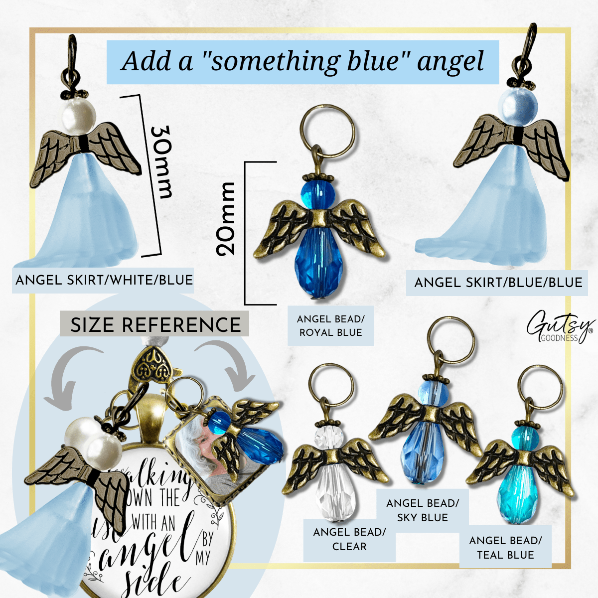 Walking Down The Aisle With An Angel By My Side - Memorial Bouquet Charm, Bronze, White Glass, Blue Pearl - 1 Frame  Bouquet Charm - Gutsy Goodness Handmade Jewelry