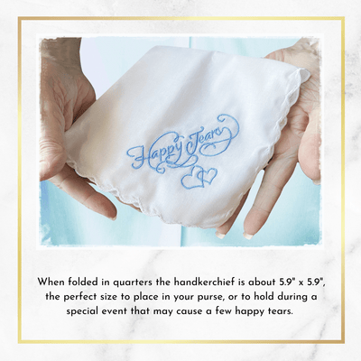Sentimental Handkerchief Happy Tears Embroidery Gift Packaging Wedding Special Occasion Keepsake Something Blue Words  Linen - Gutsy Goodness Handmade Jewelry