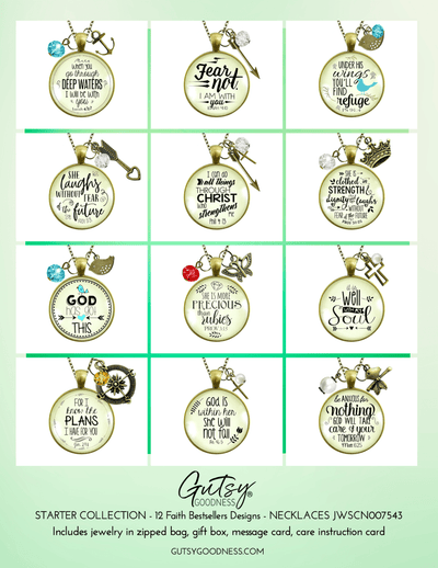 Starter Pack Faith Best Sellers Collection Handmade Necklaces Assortment Kit Bible Verse Spiritual - 12 Individual Gift Boxes - Gutsy Goodness