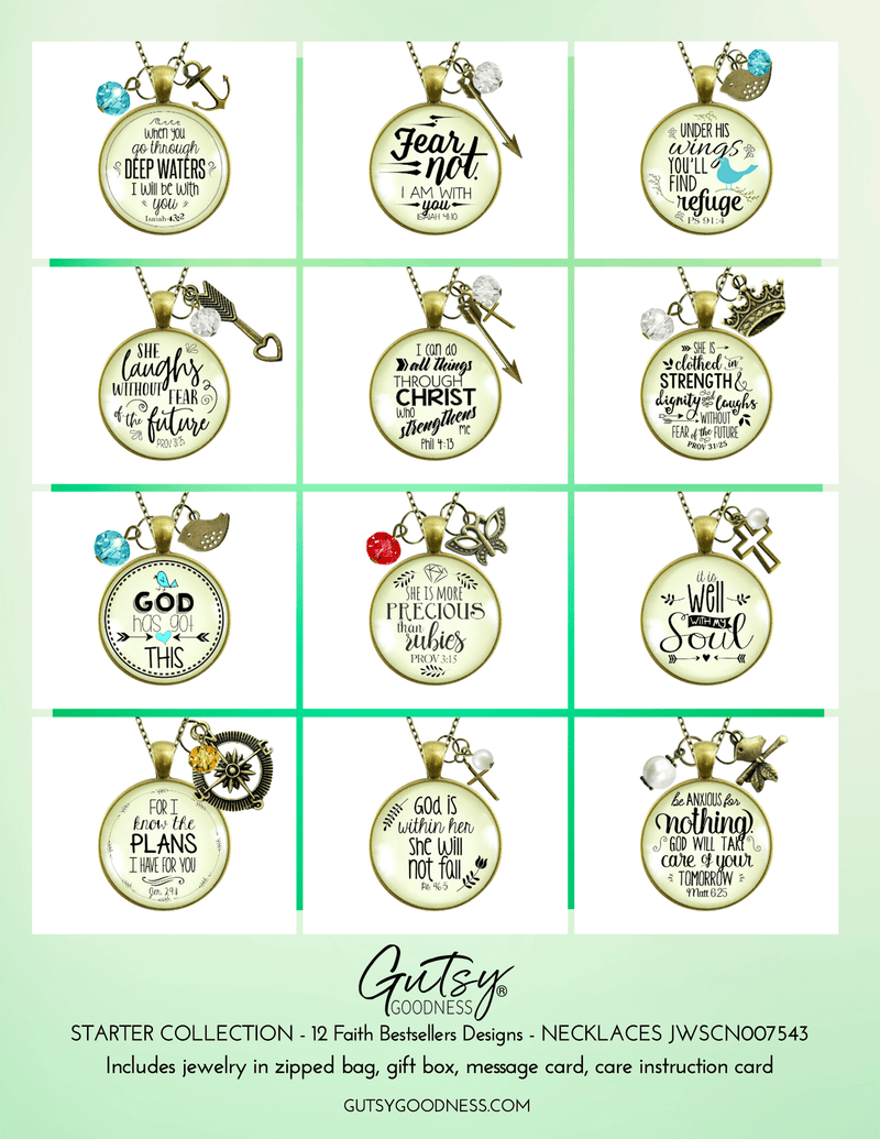 Starter Pack Faith Best Sellers Collection Handmade Necklaces Assortment Kit Bible Verse Spiritual - 12 Individual Gift Boxes - Gutsy Goodness