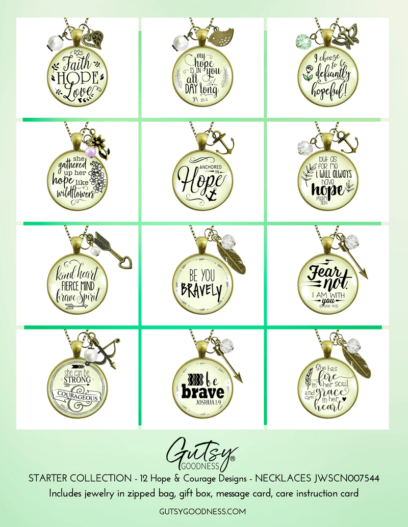 Starter Pack Brave Collection Handmade Necklaces Assortment Kit Hope Courage Faith Base 12 Individual Gift Boxes - Gutsy Goodness