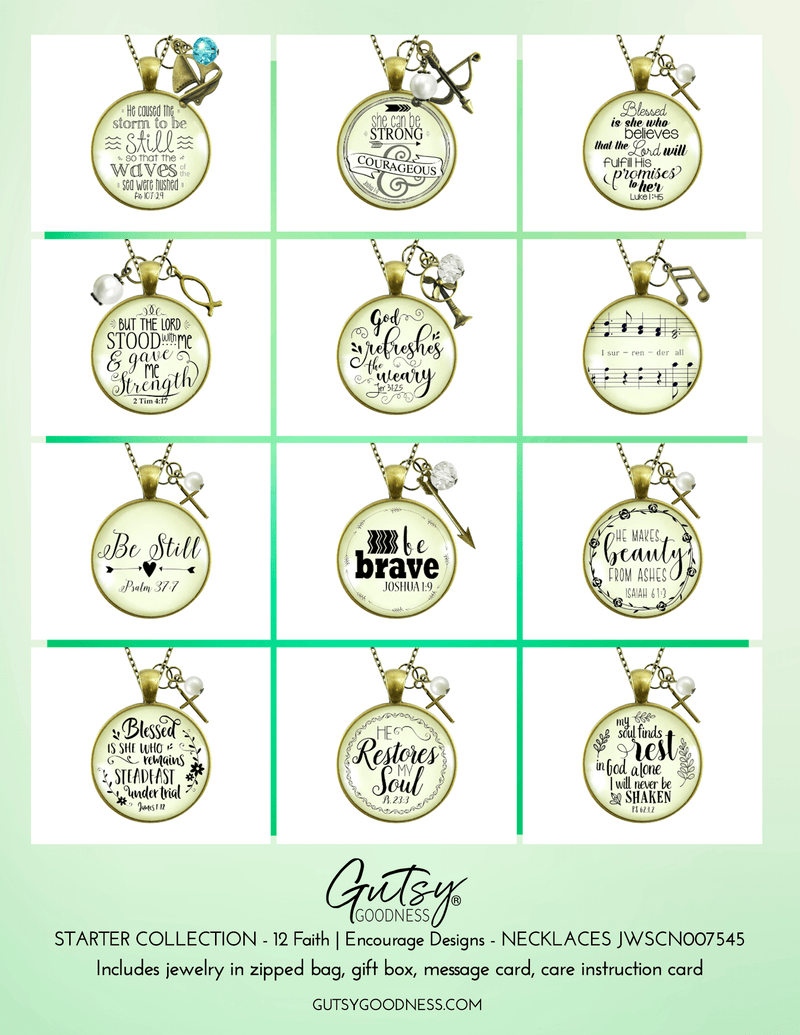 Starter Pack Faith Collection Handmade Necklaces Assortment Kit Encouragement Scripture Theme 12 Individual Gift Boxes - Gutsy Goodness
