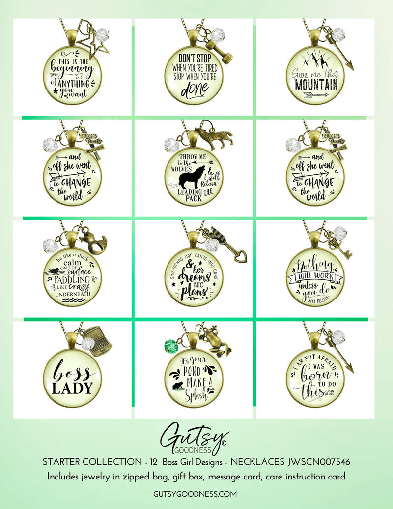 Starter Pack Motivational Boss Girl Collection Handmade Necklaces Assortment Kit Trendy 12 Individual Gift Boxes - Gutsy Goodness