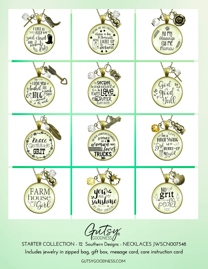 Starter Pack Southern Sayings Collection Handmade Necklaces Assortment Kit Southern Charm12 Individual Gift Boxes - Gutsy Goodness