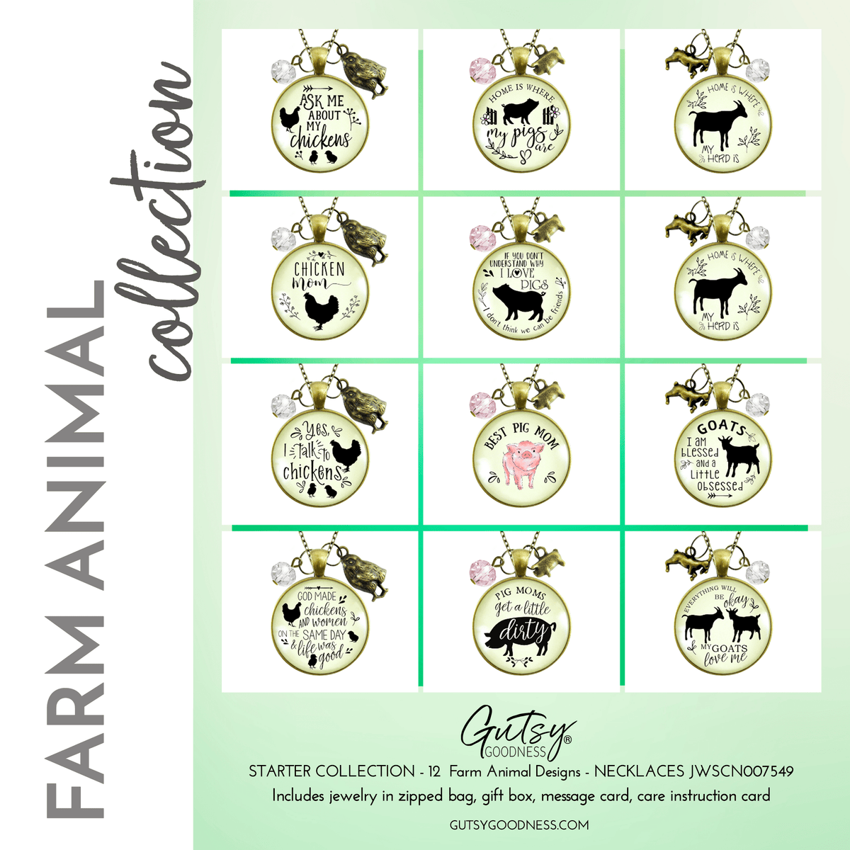 Starter Pack Farm Animals Collection Handmade Jewelry Assortment Kit Pigs Chicken Goats Necklaces 12 Individual Gift Boxes - Gutsy Goodness