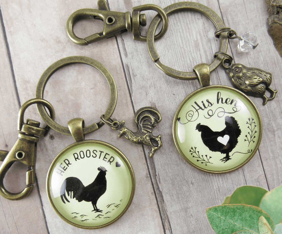 His Hen Her Rooster Keychain Set For Chicken Family Vintage Inspired Jewlery - Gutsy Goodness Handmade Jewelry