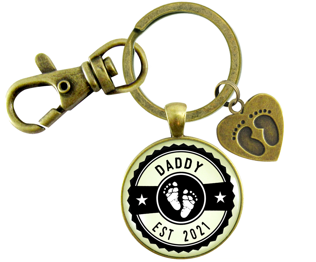Daddy Established 2021 Keychain New Dad First Father's DayKeychain Baby Feet Charm - Gutsy Goodness Handmade Jewelry