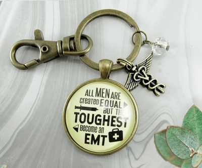 Mens EMT Keychain All Men Created Equal Toughest Become EMT Jewelry Gift Caduceus Charm - Gutsy Goodness Handmade Jewelry
