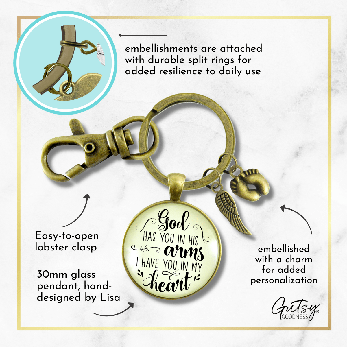 Baby Loss Memorial Keychain For Dad God Has You In Arms Heart Miscarriage Jewel Gift - Gutsy Goodness