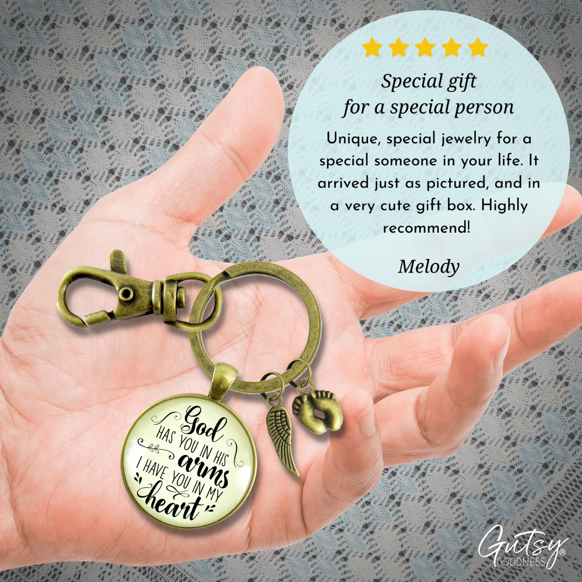 Baby Loss Memorial Keychain For Dad God Has You In Arms Heart Miscarriage Jewel Gift - Gutsy Goodness