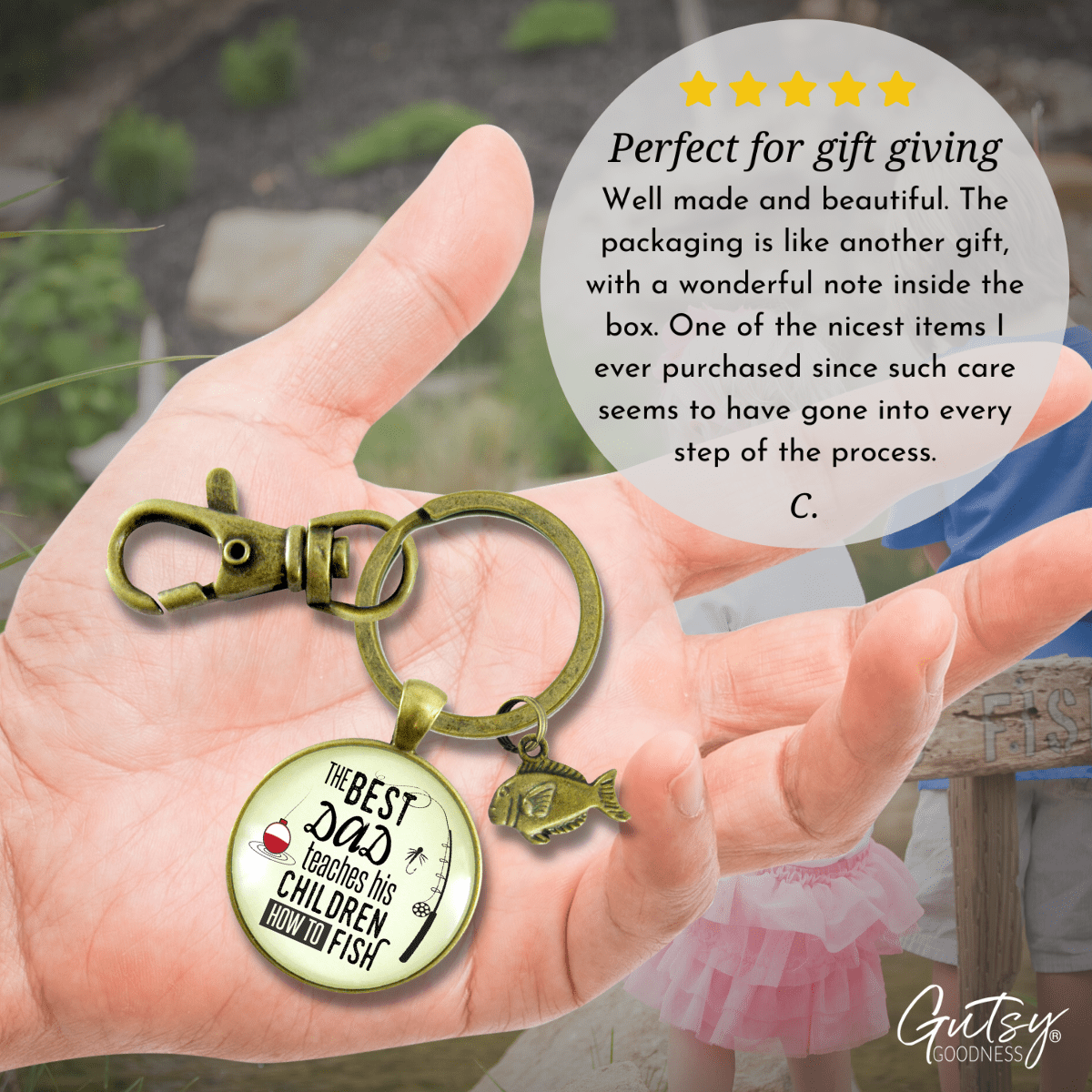 Fishing Dad Keychain Best Dad Teaches His Children How to Fish Meaningful Father Gift - Gutsy Goodness