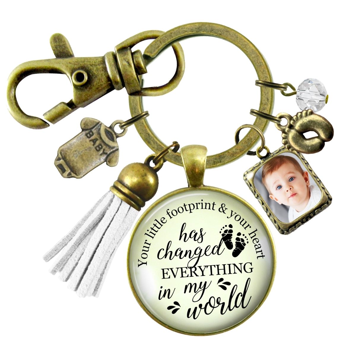 Handmade Gutsy Goodness Jewelry New Mom Keychain Your Little Footprint Gift Baby Feet & Photo Frame Charm, DIY Picture Template