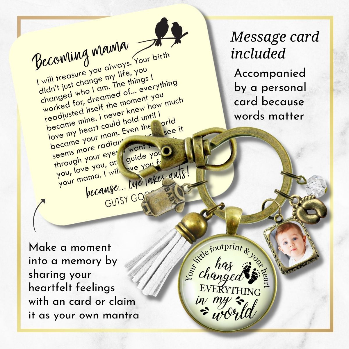Handmade Gutsy Goodness Jewelry New Mom Keychain Your Little Footprint Gift Baby Feet & Photo Frame Charm, DIY Picture Template