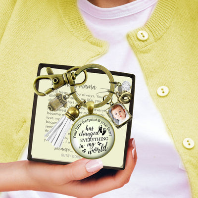 Handmade Gutsy Goodness Jewelry New Mom Keychain Your Little Footprint Gift Baby Feet & Photo Frame Charm, DIY Picture Template