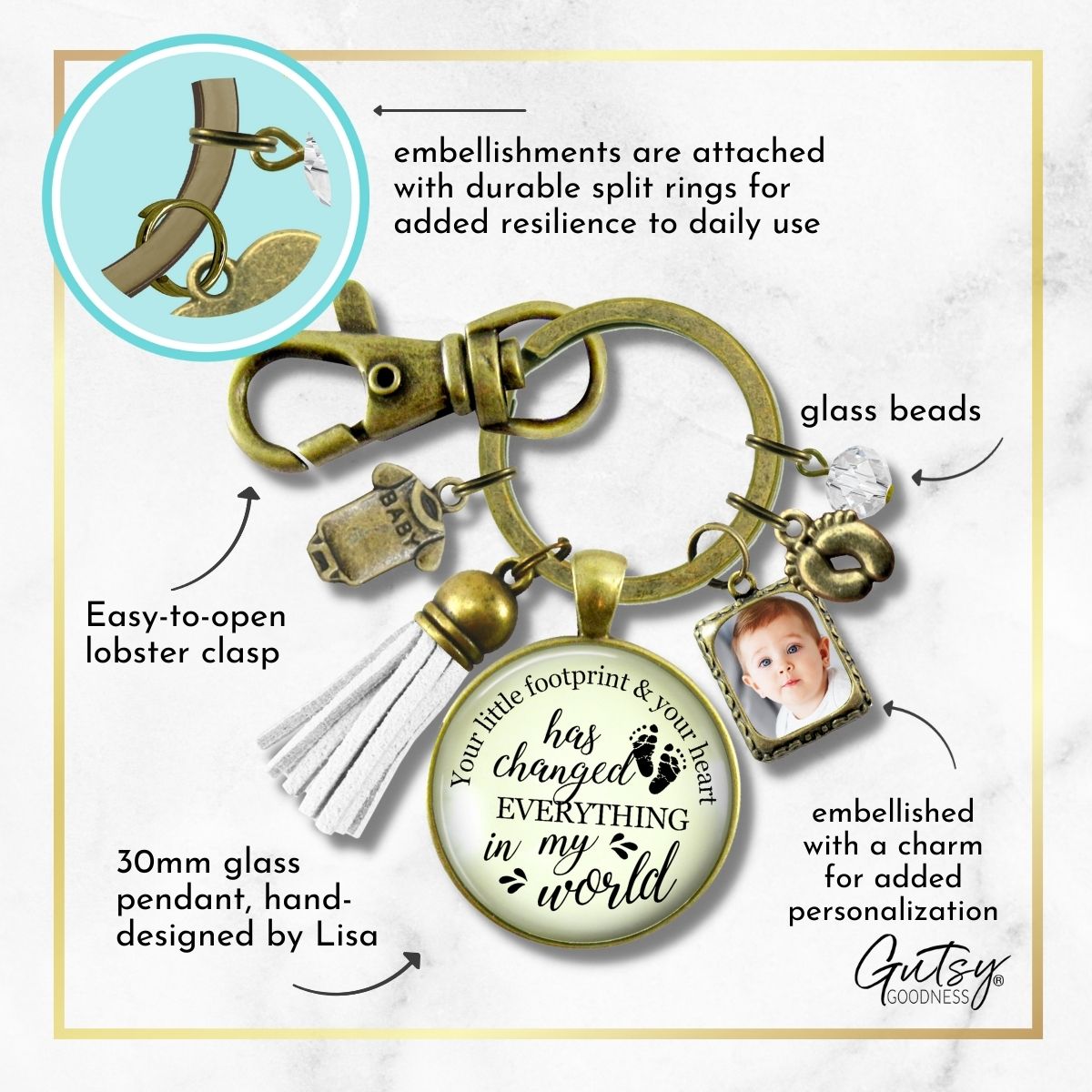 Handmade Gutsy Goodness Jewelry New Mom Keychain Your Little Footprint Gift Baby Feet & Photo Frame Charm, DIY Picture Template