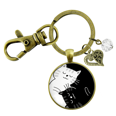 Yin Yang Cat Keychain Harmony Zen Black and White Symbol 2 Cats Boho Style Kitty Lover Pendant Jewelry - Gutsy Goodness