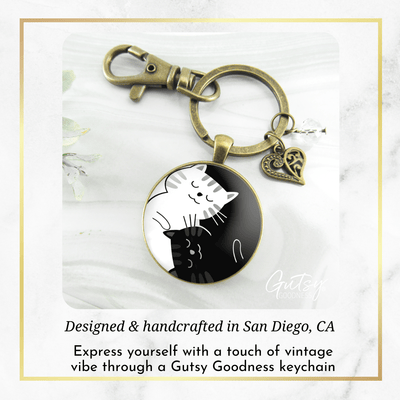 Yin Yang Cat Keychain Harmony Zen Black and White Symbol 2 Cats Boho Style Kitty Lover Pendant Jewelry - Gutsy Goodness