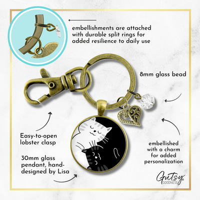 Yin Yang Cat Keychain Harmony Zen Black and White Symbol 2 Cats Boho Style Kitty Lover Pendant Jewelry - Gutsy Goodness