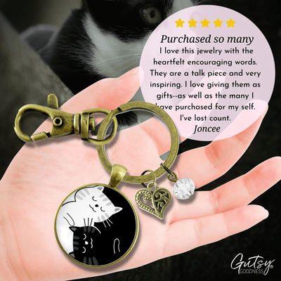 Yin Yang Cat Keychain Harmony Zen Black and White Symbol 2 Cats Boho Style Kitty Lover Pendant Jewelry - Gutsy Goodness