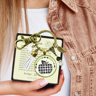 Buffalo Plaid Pumpkin Keychain Black And White Classic Boho Theme Autumn Print Pattern Pendant Fashion Jewelry For Women  Keychain - Women - Gutsy Goodness Handmade Jewelry