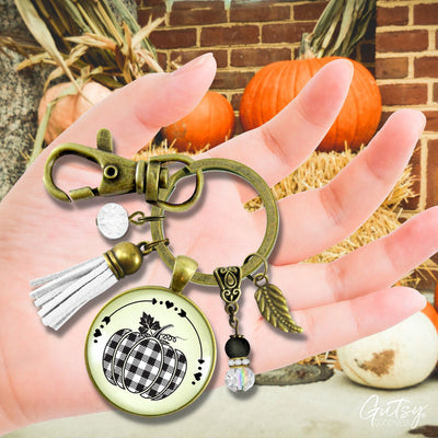 Buffalo Plaid Pumpkin Keychain Black And White Classic Boho Theme Autumn Print Pattern Pendant Fashion Jewelry For Women  Keychain - Women - Gutsy Goodness Handmade Jewelry
