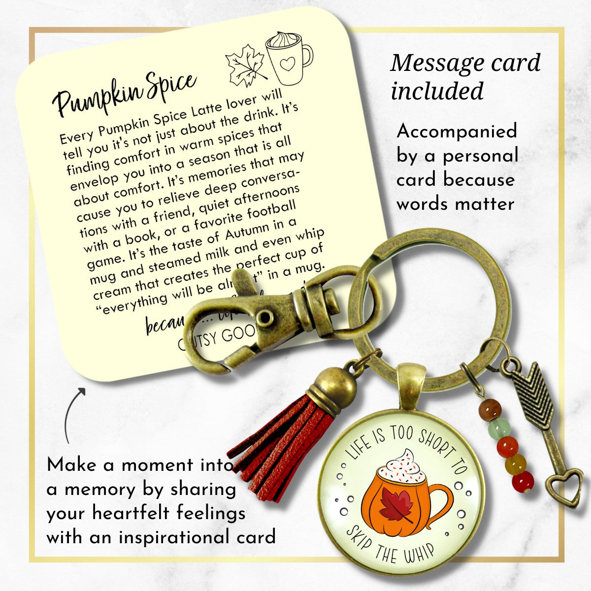 Pumpkin Spice Keychain Life is Too Short to Skip Whip Cream Autumn Quote Dessert Lover Leaf Mug Costume Fashion Jewelry For Women  Keychain - Women - Gutsy Goodness Handmade Jewelry